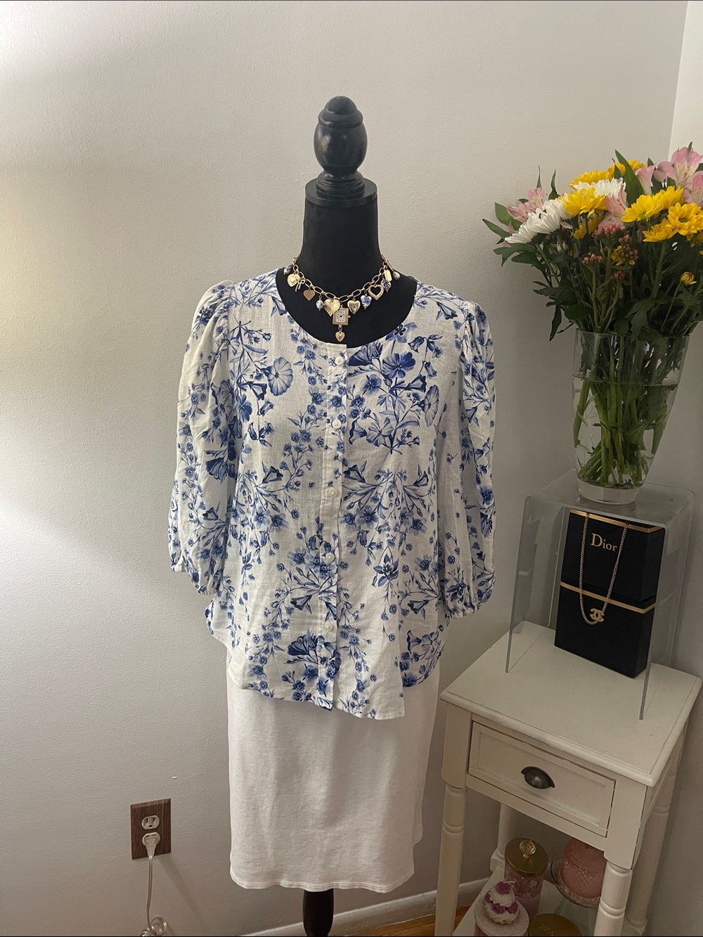 H&M White Blouse with Blue Floral Print
